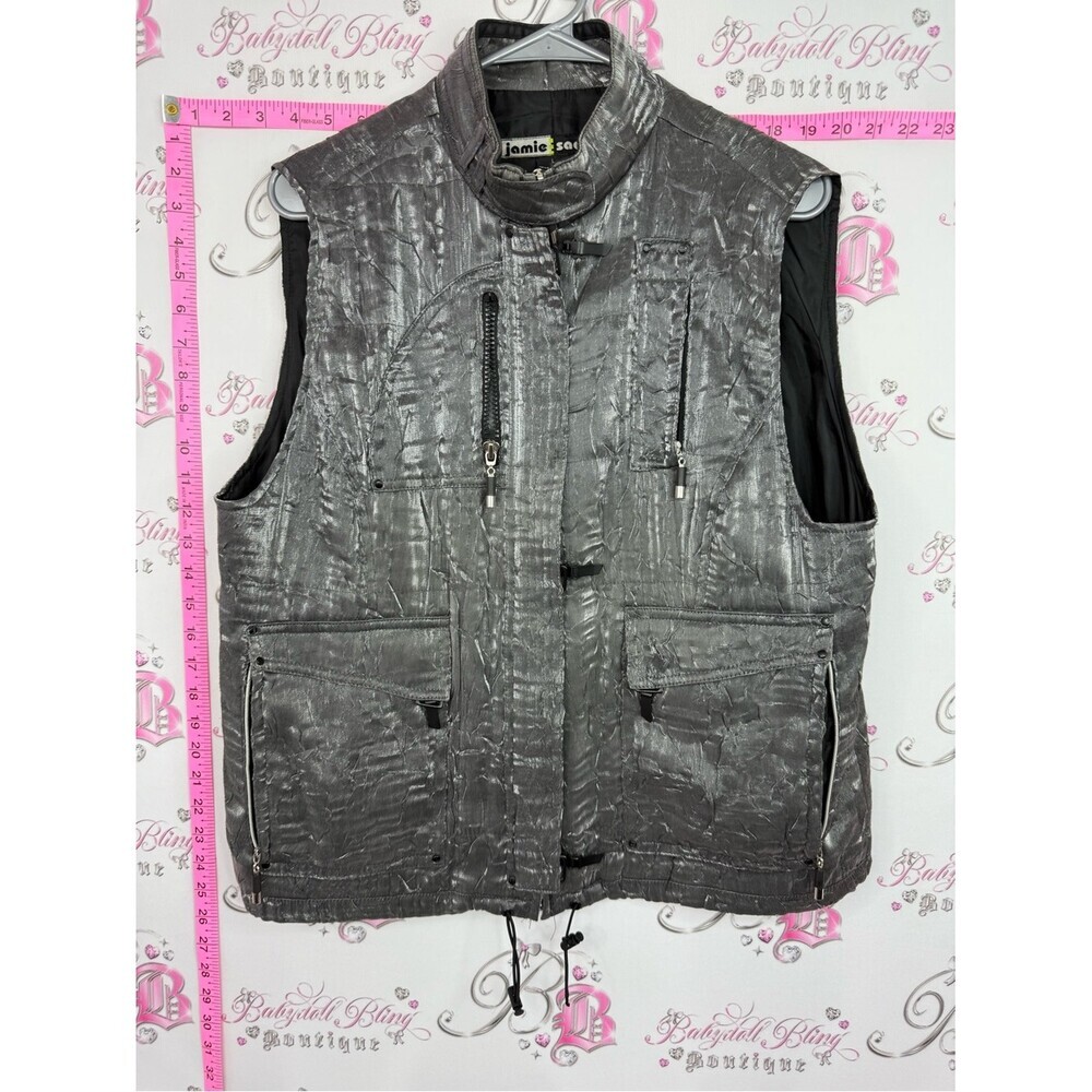 jamie sadock vest vintage shiny Metallic Silver Quilted Utility Vest cargo